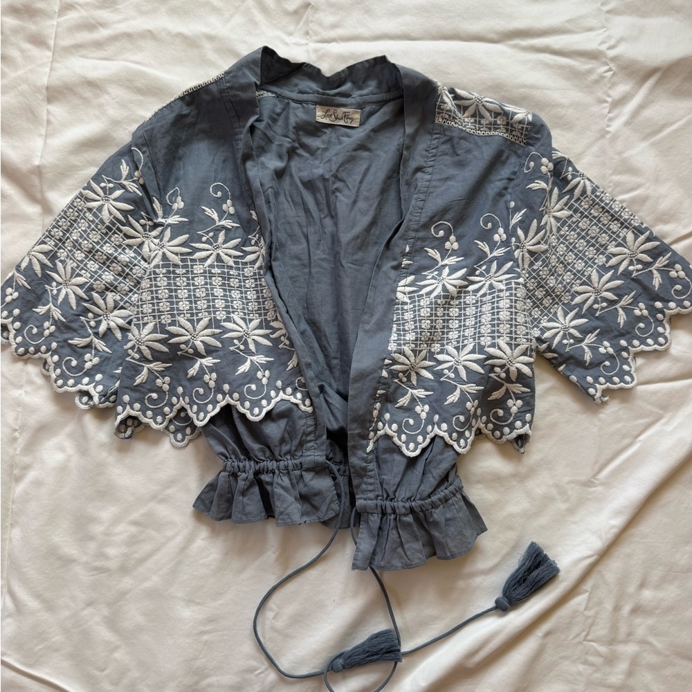 LoveShackFancy Blue and White Embroidered Cape top size 1